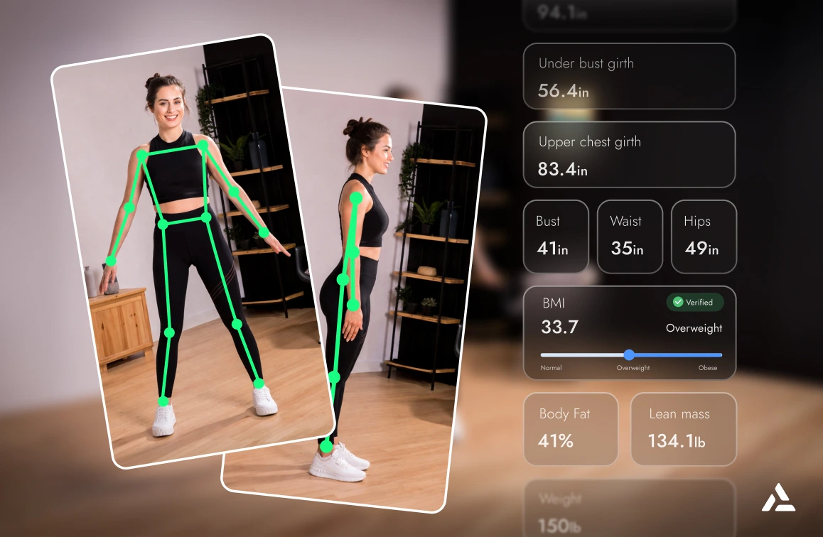 A woman stands in two poses for a body scan with digital overlays displaying posture lines and body measurements, using AI Body Scanners to reveal girth, BMI, body fat, and lean mass.