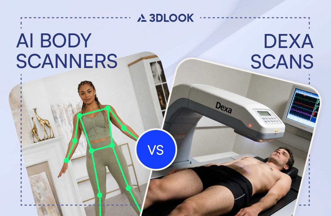 Split image shows Mobile Body Scanning with AI Body Scanners (woman standing with digital lines) on one side, and DEXA Scans (man lying on scanner) on the other, highlighted by a bold "VS" in the center.