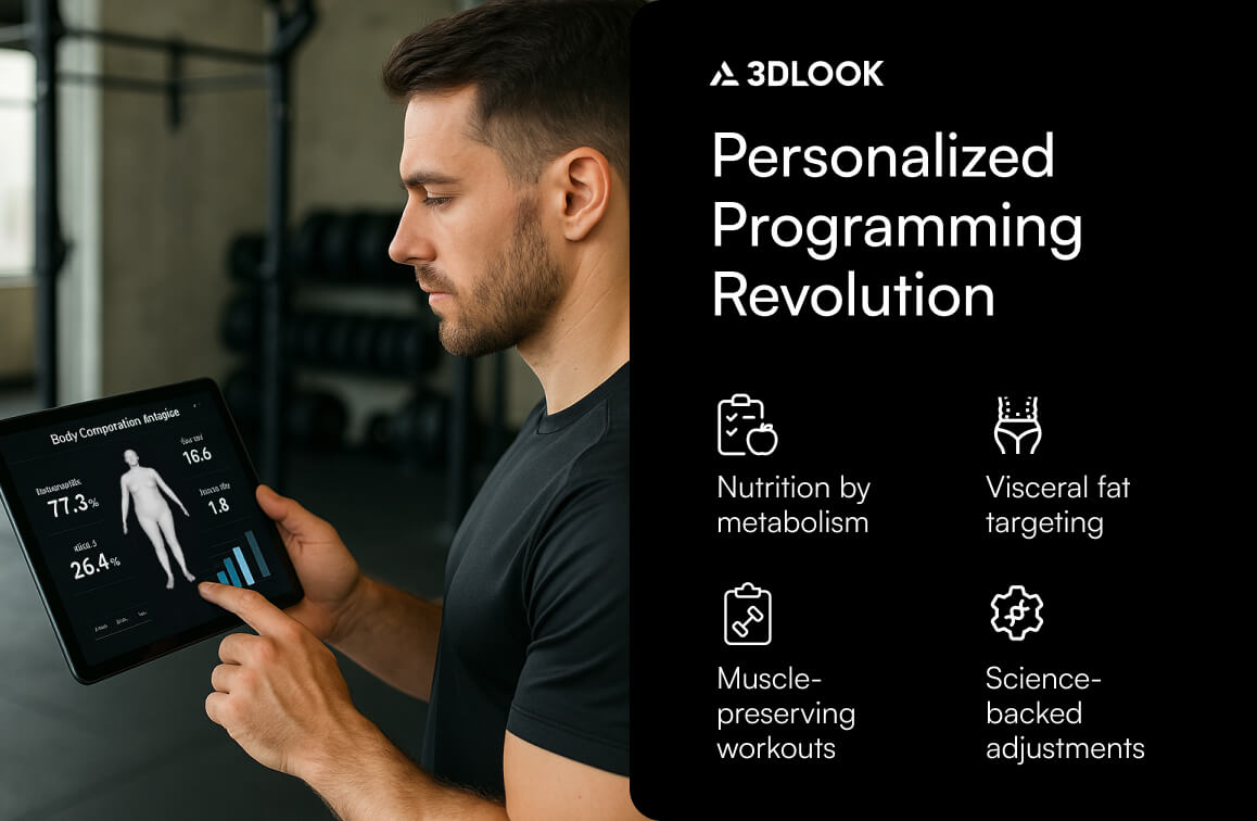 A man uses a tablet showing body composition analysis in a gym. Text promotes 3DLOOK's personalized programming with metabolism-based nutrition, telemedicine support, and science-backed adjustments for effective results.