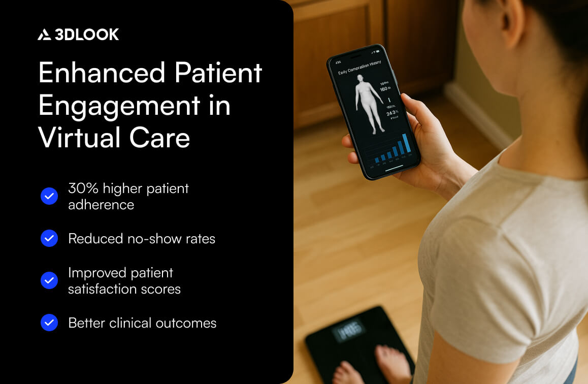 A person stands on a scale and views a virtual health app on their phone; text highlights benefits of enhanced patient engagement in telemedicine and body composition analysis in virtual care.