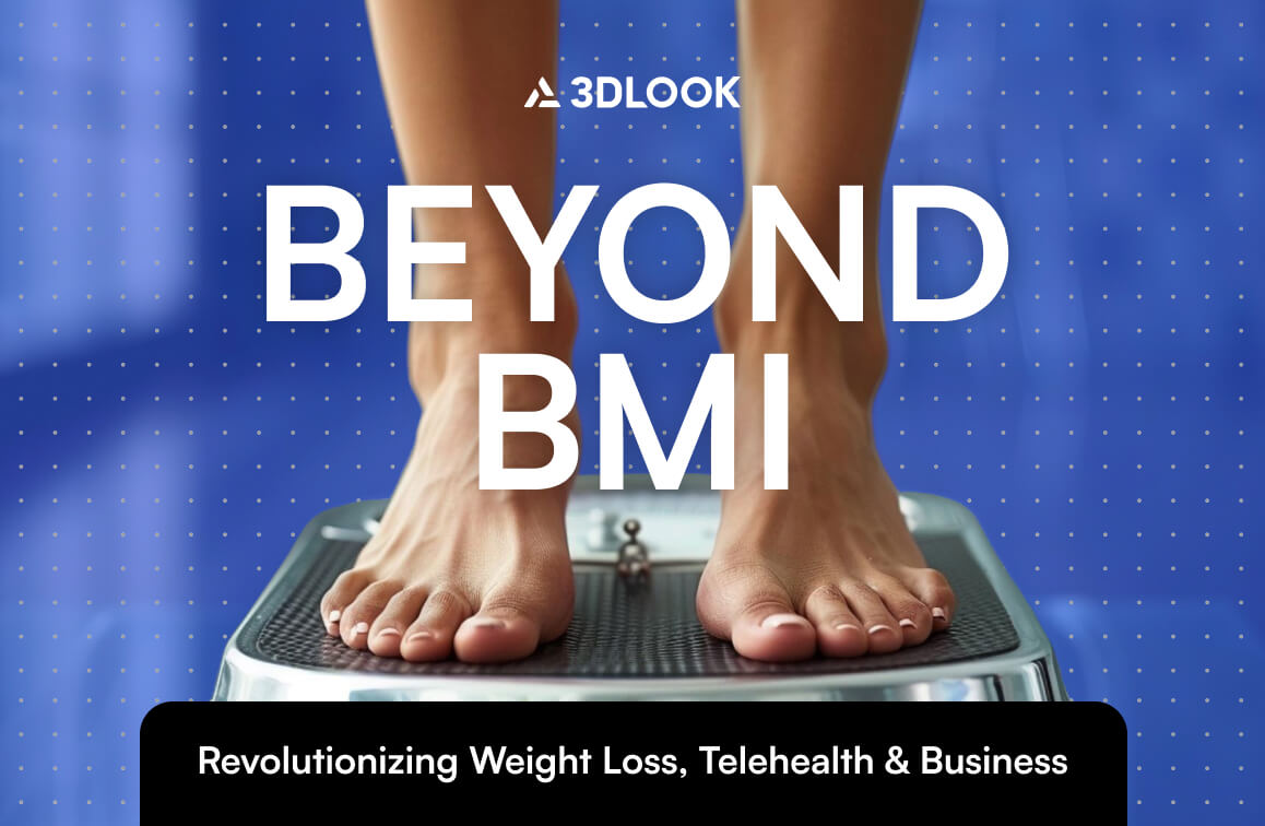 A person stands on a scale with the words "Beyond BMI" and "Revolutionizing Weight Loss, Telemedicine & Business" above and below, highlighting innovative weight loss programs and advanced body composition analysis.