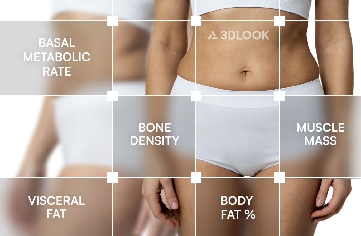 A woman in white underwear stands against a white background, with text overlays labeling health metrics such as basal metabolic rate and body fat percentage, highlighting how a Body Composition Scale works to measure overall body composition.