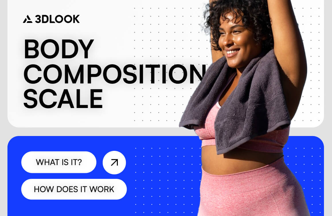 A woman in athletic wear with a towel over her shoulders stands smiling next to a sign that reads "Body Composition Scale" and two buttons, "What is body composition?" and "How it works?".