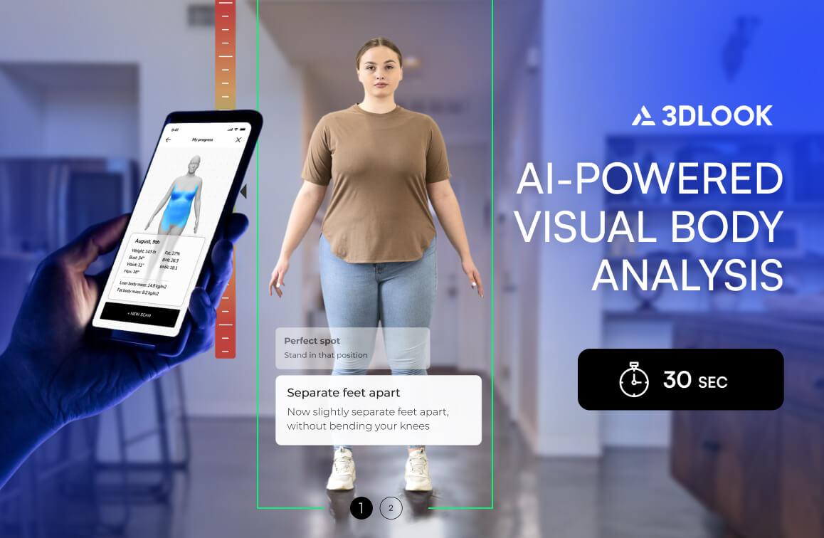 A person stands with feet apart for a body scan while another holds a phone displaying a digital body composition measurement app. Text reads "AI-powered visual body analysis" and "30 sec." Powered by InBody and 3DLook.