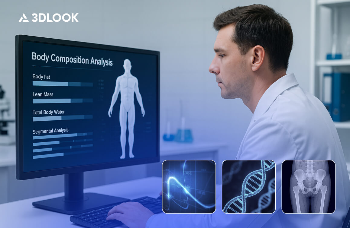 A doctor examines an InBody body composition measurement on a computer screen, with medical images of a DNA strand, an X-ray, and a bone scan displayed at the bottom.