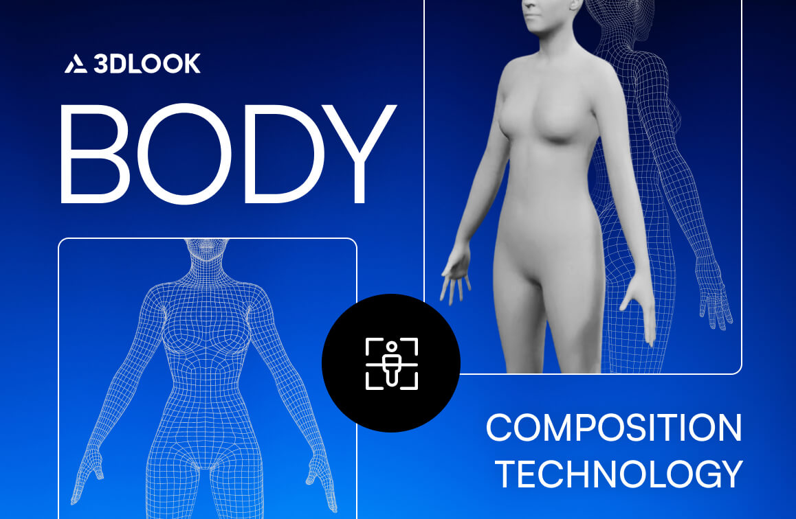Digital graphic showing a 3D human body model and wireframe, with text: "3DLOOK BODY COMPOSITION TECHNOLOGY" on a blue background, highlighting advanced body composition measurement similar to InBody.