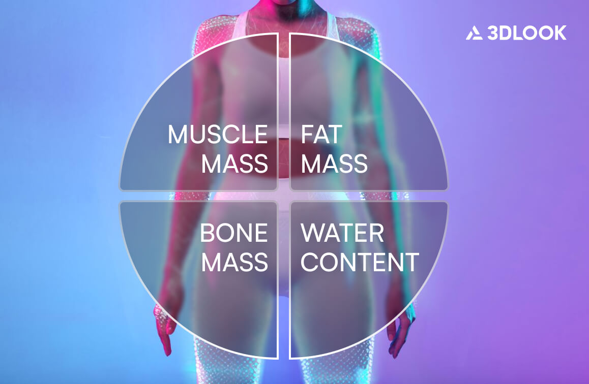 A diagram showing body composition—muscle mass, fat mass, bone mass, and water content—overlaying a person’s body, with the 3DLOOK logo in the corner to illustrate how to measure body composition visually.
