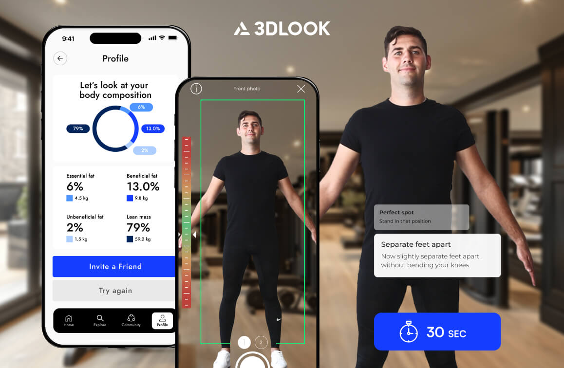 A phone displays a body composition measurement app interface with scan instructions, a timer, and measurement stats; a man stands behind the phone, imitating the pose shown on screen.