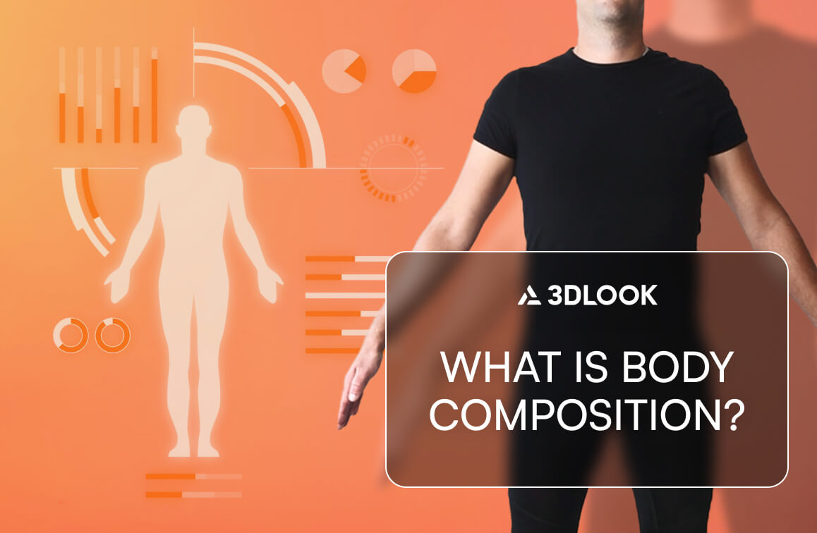 A person in black clothing stands with arms outstretched next to a digital illustration of a human body and data graphics, with text: "WHAT IS BODY COMPOSITION? Learn how to measure body composition.