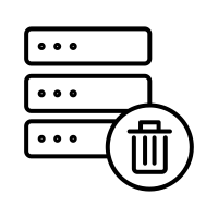 Icon of three stacked servers with a trash can in front, illustrating secure data deletion or server removal for 2025 Home and FitXpress solutions.