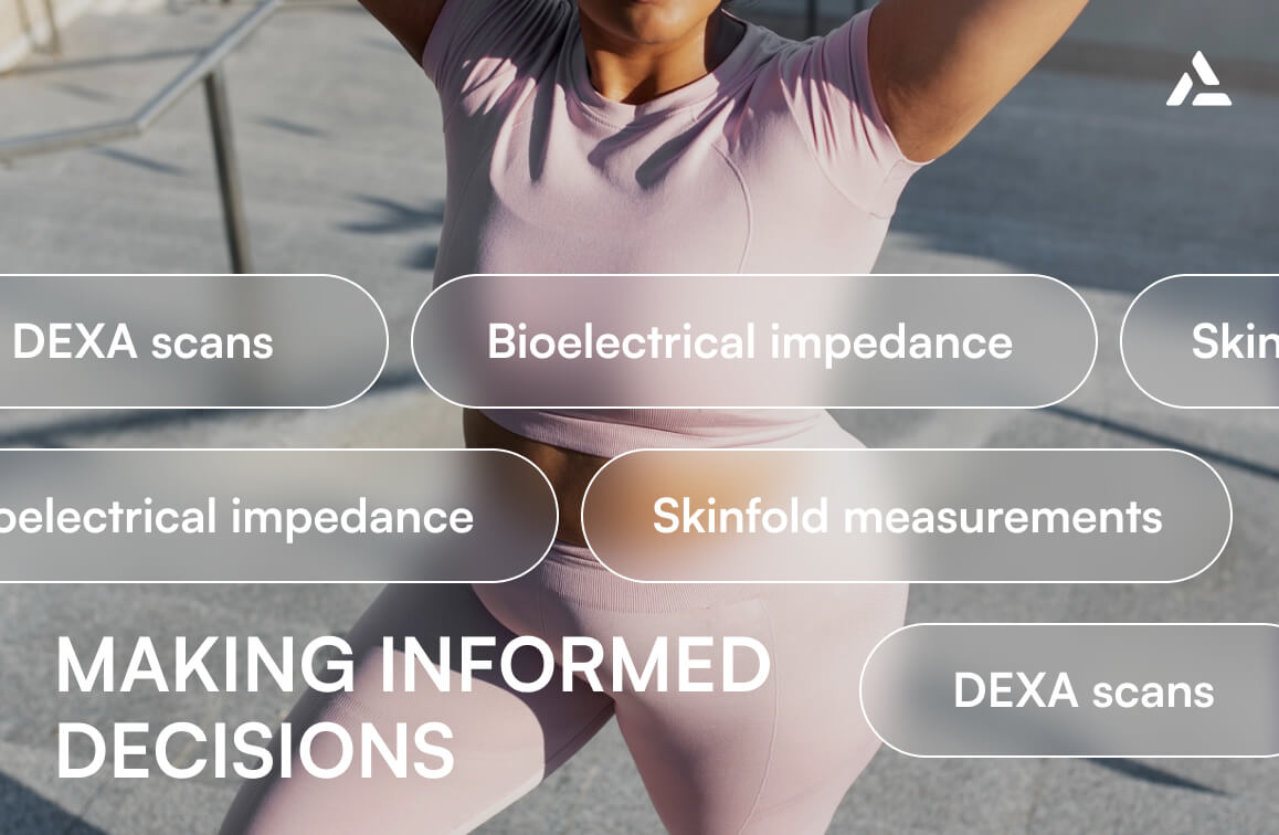 A person in light pink athletic wear exercises outdoors, overlaid with text about DEXA scans, muscle mass, and skinfold measurements, emphasizing informed health decisions.