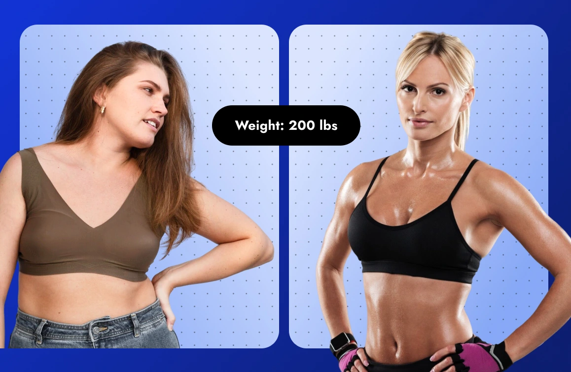 Two women, both weighing 200 lbs, stand side by side against a blue background. Each has a different body type—one appears "skinny fat"—highlighting a hidden health crisis while both wear sports bras.