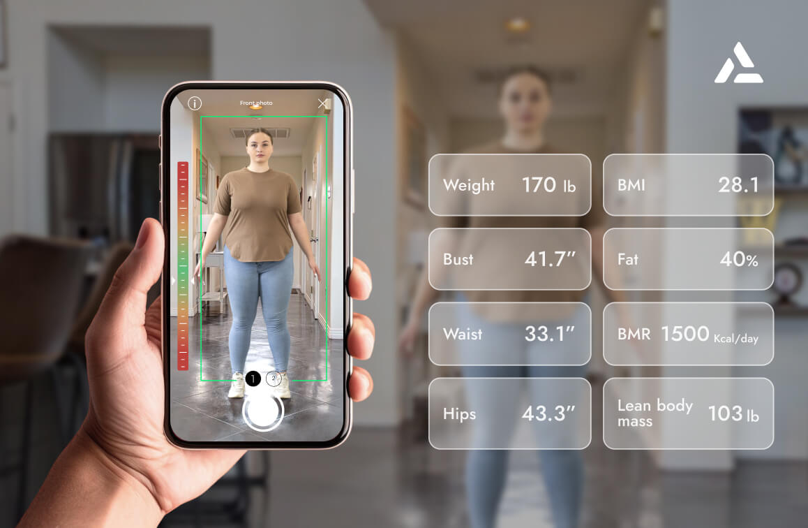 A person uses a smartphone app to scan their body, utilizing body composition analysis and bioelectrical impedance analysis (BIA Scan) to display measurements and health metrics like weight, BMI, bust, waist, hips, body fat, BMR, and lean body mass.