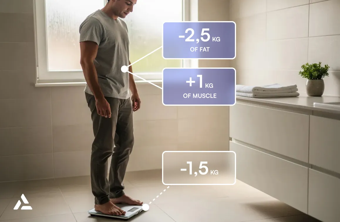 A man stands on a scale in a bathroom; graphics show changes of -2.5 kg fat, +1 kg muscle, and overall -1.5 kg body weight.