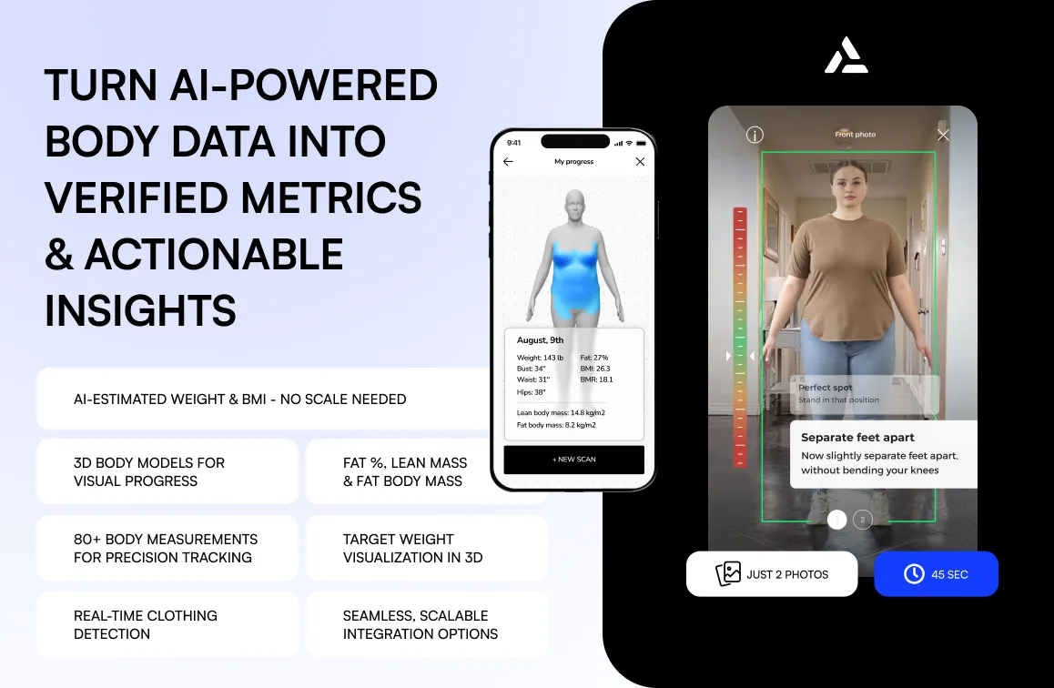 A digital ad shows a smartphone and tablet app analyzing body metrics, with text highlighting AI-powered body data, verified metrics, and actionable insights for health tracking.