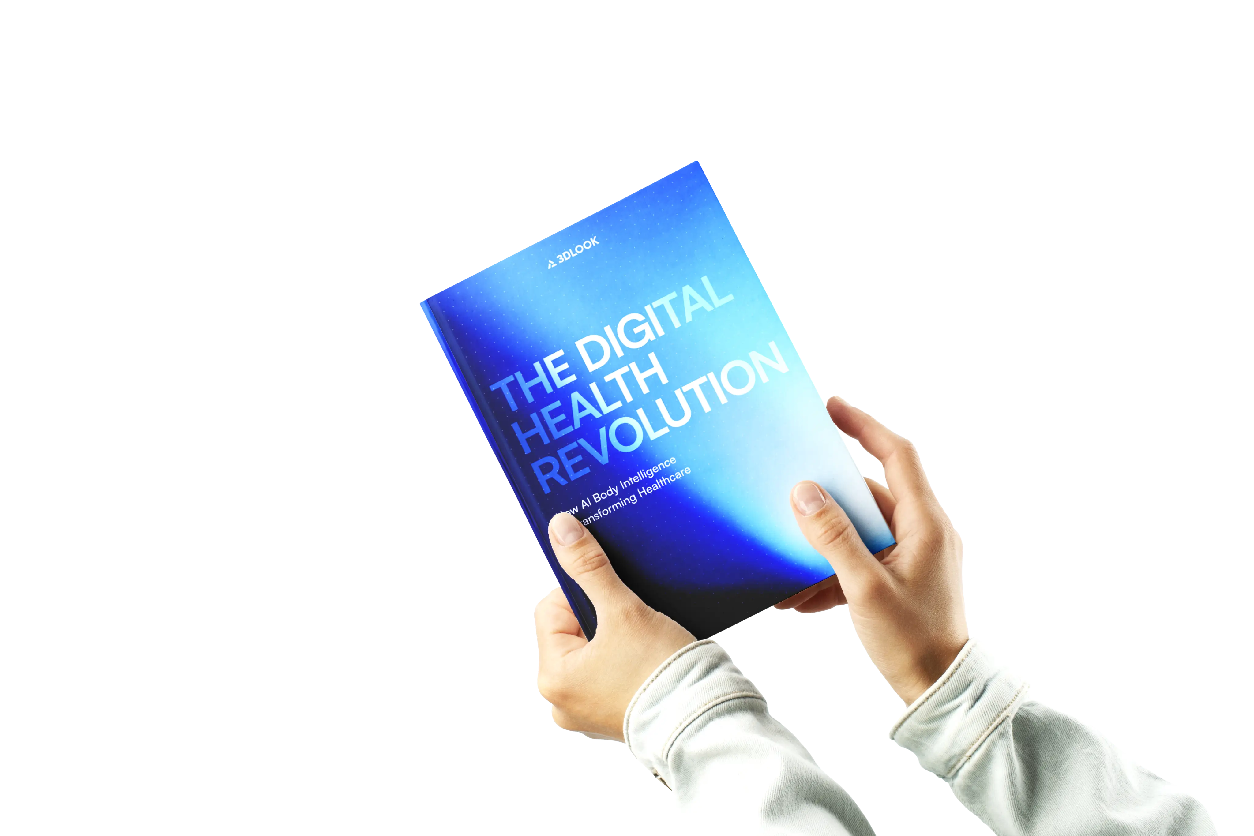 A person holding a blue book titled "The Digital Health Revolution" against a white background.