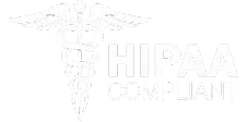 White logo with a caduceus symbol next to the text "HIPAA Compliant" on a transparent background.