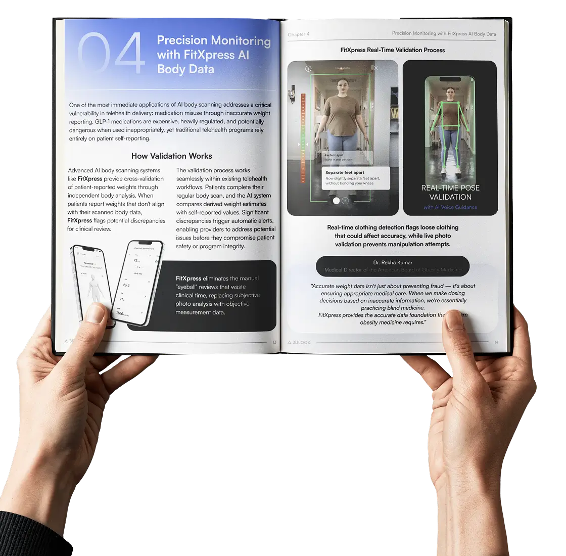 Person holding an open magazine featuring information and images about FitXpress AI body data validation and real-time pose monitoring using a mobile app.