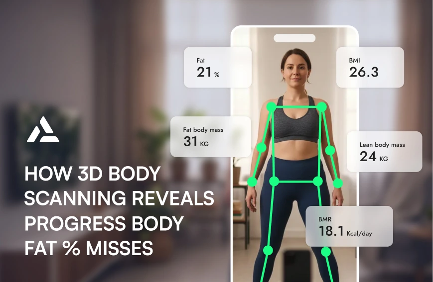 A woman stands in front of a smartphone displaying AI-driven 3D body scanning, with measurable outcomes like fat percentage, BMI, lean body mass, and basal metabolic rate—all helping her work towards visible abs.