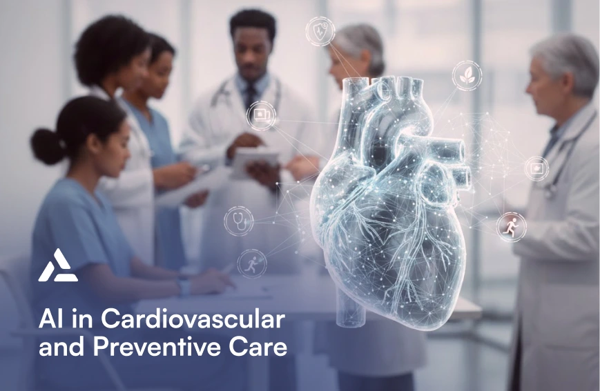 A group of medical professionals discuss at a table with a digital illustration of a human heart and icons, highlighting AI applications in cardiovascular and preventive care within the healthcare industry.