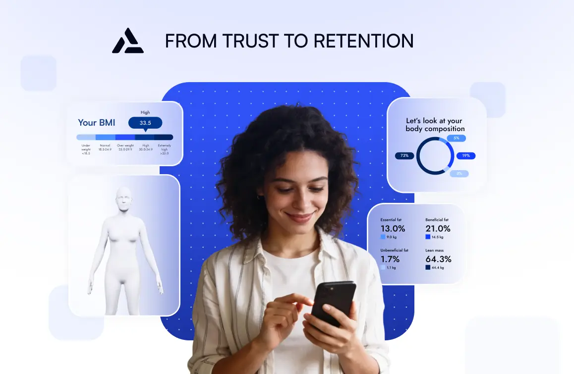 A woman smiles while using her smartphone, surrounded by digital health and body composition data visualizations. Text above reads,