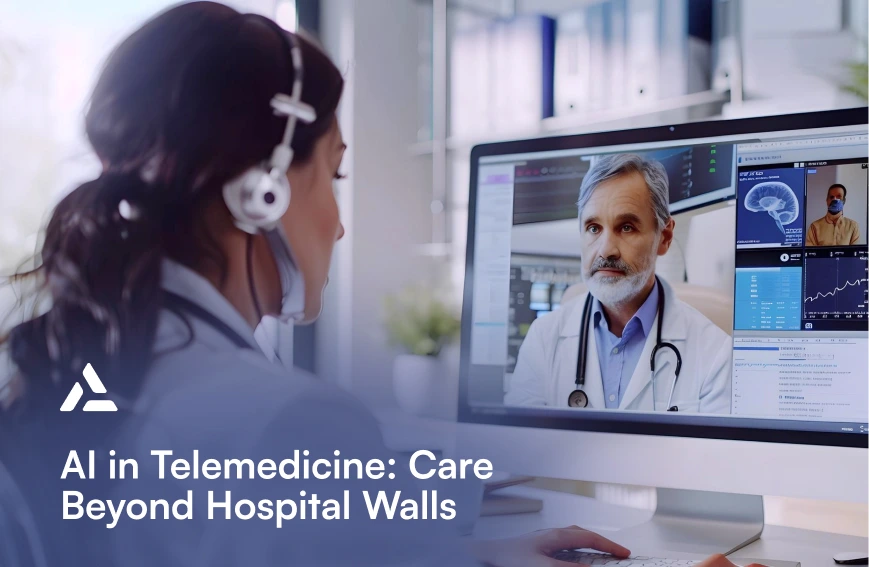 A woman wearing a headset participates in a video call with a male doctor, with medical charts and brain scans on his screen. Text reads: "AI applications in healthcare: Care Beyond Hospital Walls.