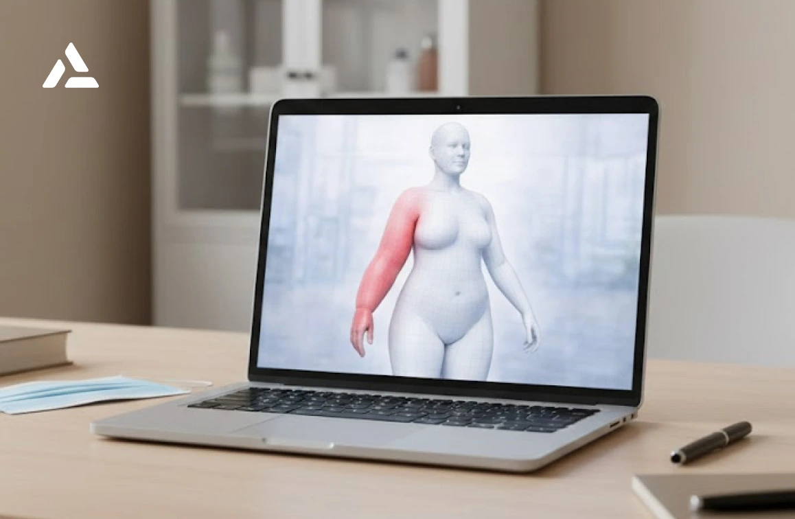 A laptop displays a 3D model of a human figure with the left arm highlighted in red, illustrating AI-powered 3D body scanning for early detection of Breast Cancer-Related Lymphedema, set on a desk with books, papers, and a mask nearby.