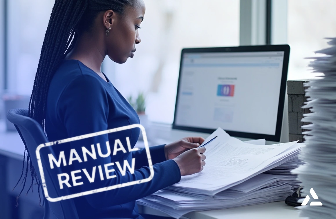 A woman sits at a desk reviewing paperwork for wellness rewards verification, with a computer screen in the background; a "MANUAL REVIEW" stamp overlays the image.