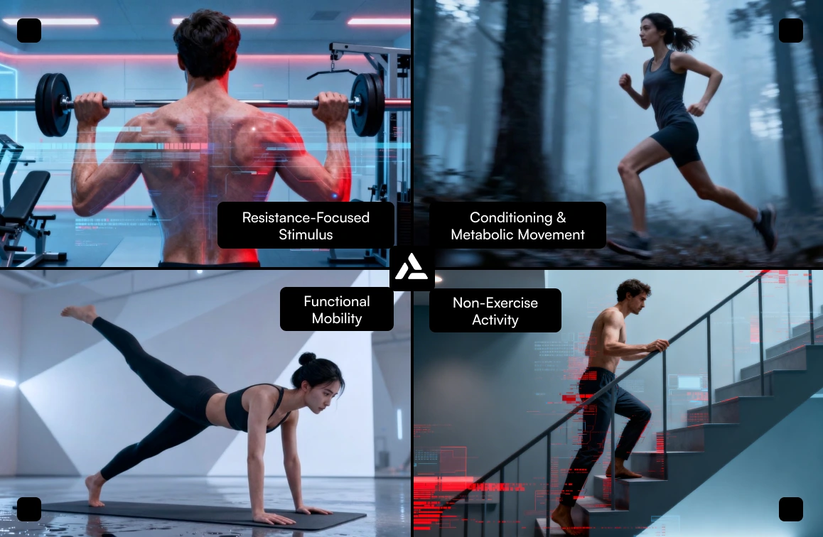 A collage shows a man lifting weights, a woman running, a woman doing yoga, and a man walking up stairs—each labeled for different types of body composition activities with mobile progress tracking.