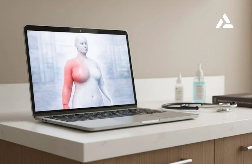 A laptop on a medical counter displays an AI-powered 3D body scanning image of a human figure with the left chest and arm highlighted in red, aiding early detection of Breast Cancer-Related Lymphedema. A stethoscope and medical bottles are nearby.