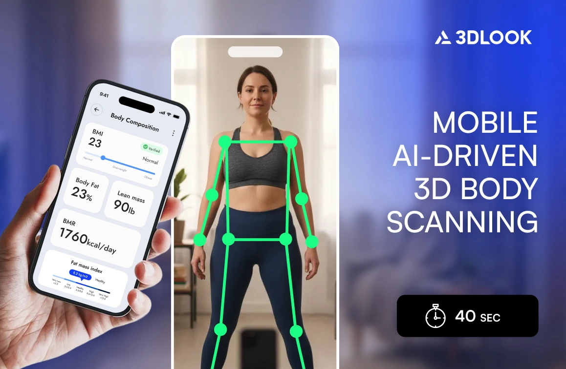 A woman stands in front of a smartphone for an AI 3D body scanning session while the screen shows body measurement data—ideal for wellness rewards verification. Text reads "Mobile AI-driven 3D body scanning" and "40 sec" with the 3DLOOK logo.