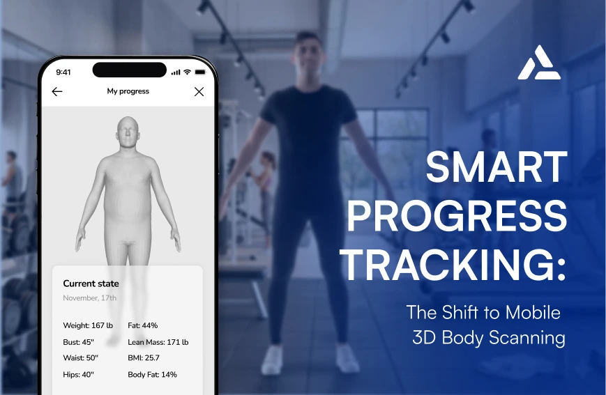 A smartphone displays a 3D body scan app with body measurements, in front of a person standing in a gym. Text reads: "Smart Mobile Progress Tracking: The Shift to 3D Body Scanning for Body Composition Activities.