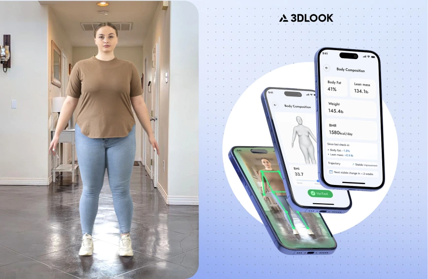 A woman stands for an AI 3D Body Scanning session; beside her, two smartphones display the 3DLOOK app with body composition data and a 3D model—ideal for Employers and Insurers seeking Wellness Rewards Verification.