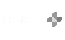 Gray logo with the word "Healthyr" in light text and a geometric medical cross symbol made of four shapes on the right.