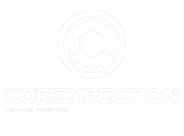 White logo with a geometric hexagon design above the text "COREDIRECTION" on a light gray background.