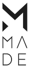Black geometric shapes form the word "MADE" vertically on a white background, with a stylized "M" at the top.