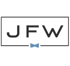Black outlined rectangle with the letters "JFW" in bold black font inside, and a small blue bow tie centered along the bottom border.
