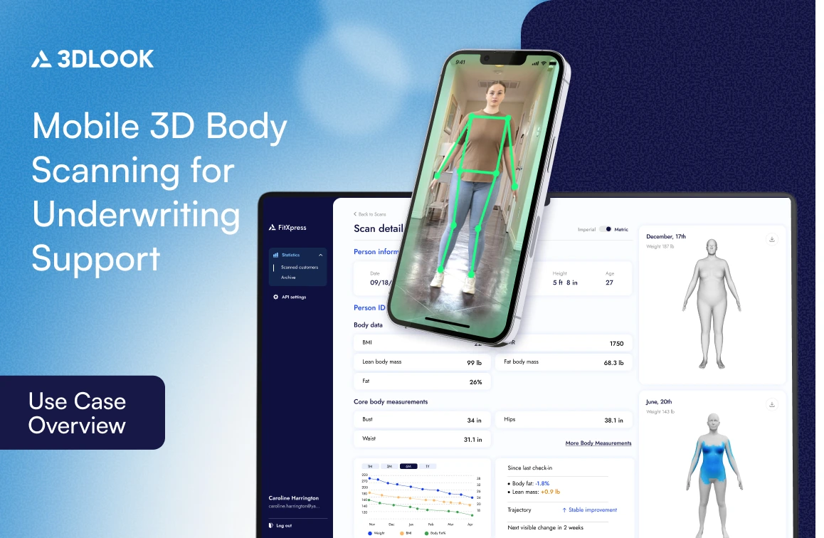 A smartphone shows a 3D body scan, while a laptop displays detailed scan data and measurements. Text reads: "Mobile 3D Body Scanning & Remote Evidence Collection for Underwriting Support. Use Case Overview.