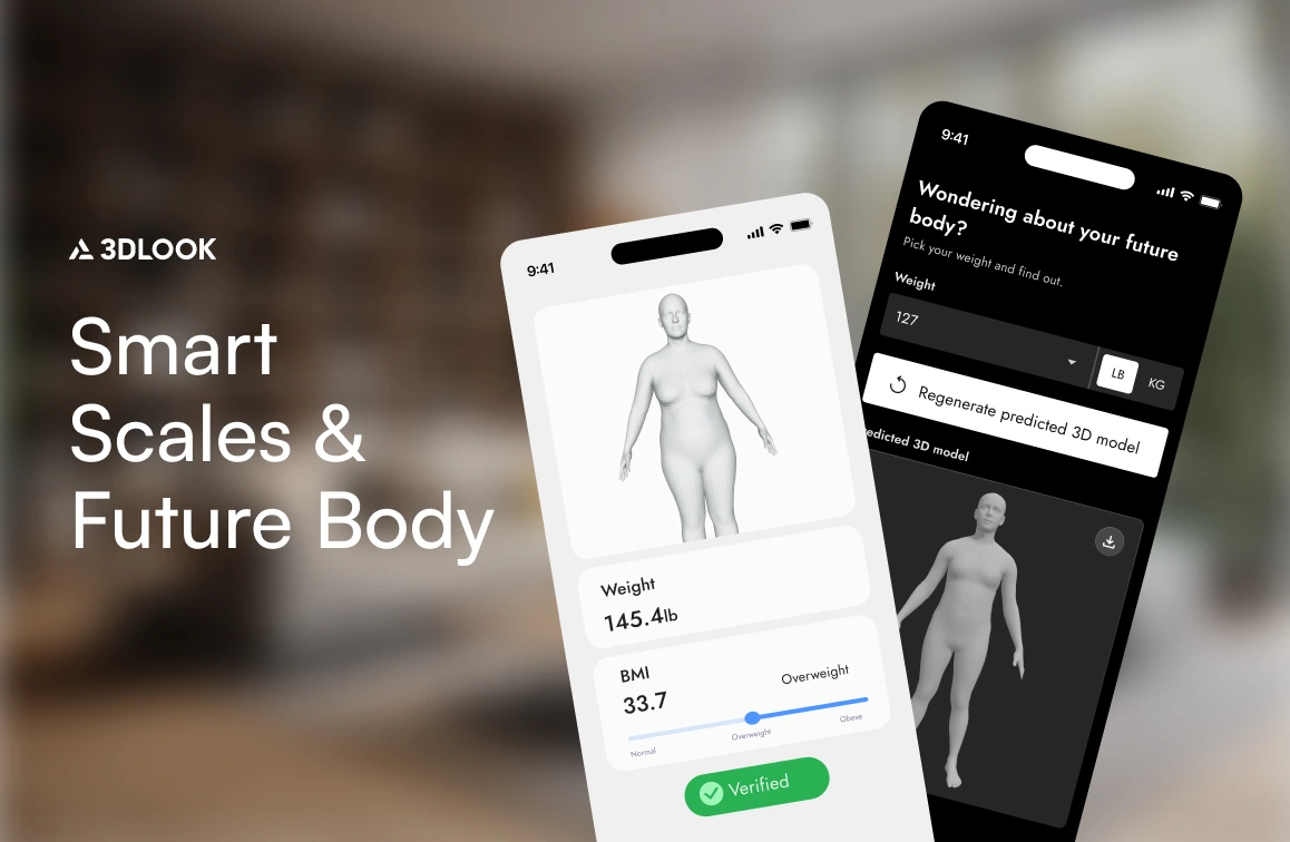 Two smartphone screens display 3DLOOK’s smart scales app, showcasing two photos of 3D body models and detailed body data, against a blurred background. Text reads "Smart Scales & Future Body.