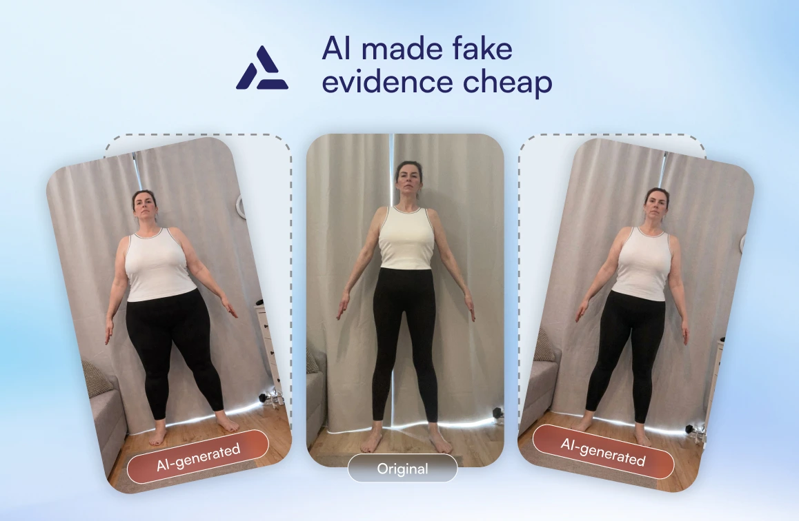 Three images show a woman standing with arms at her sides; the left and right images are labeled "AI-generated," and the center, "Original." Text above reads, "AI made fake evidence cheap"—raising concerns for online pharmacy BMI verification.
