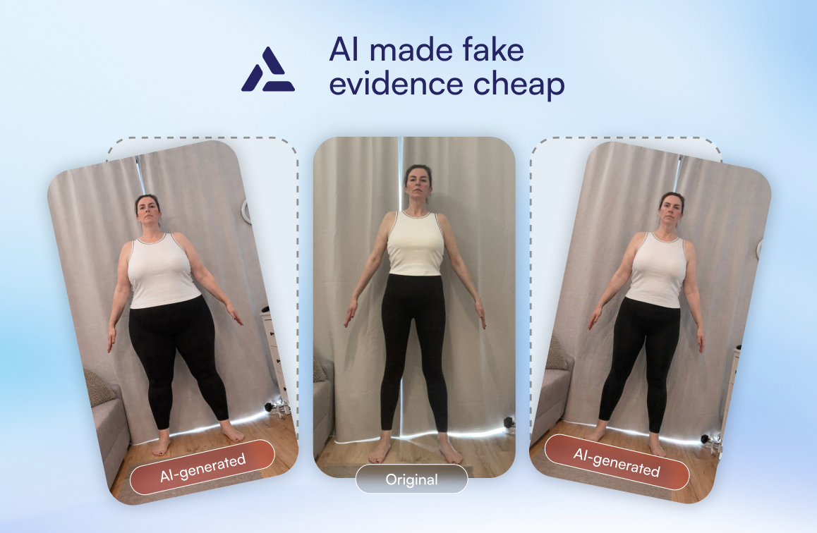 Three images of a woman standing in similar poses; the left and right are labeled "AI-generated," while the center image is labeled "Original." Text above reads "AI made fake evidence cheap—even for Online Pharmacy BMI Verification.