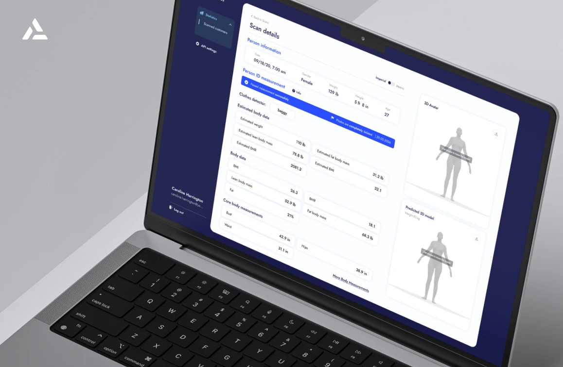 A laptop displays the FitXpress Admin Panel interface, showcasing scan data with detailed numerical information and 3D human body models on the screen.