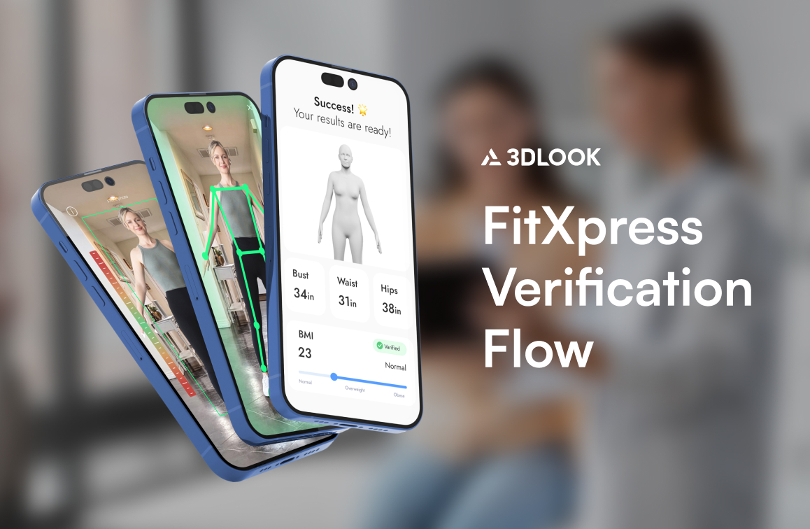 Three smartphones display body scanning, measurement, and BMI Verification screens for 3DLOOK's FitXpress Verification Flow, with blurred people in the background.