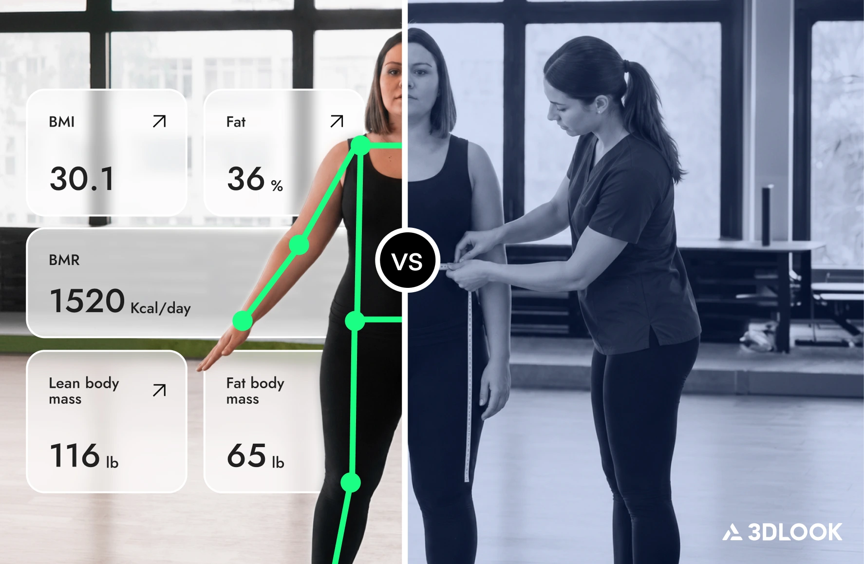 A split-image showing a woman’s body metrics on one side and a fitness instructor measuring her waist on the other. Anthropometric measurements and statistics are overlaid on the left side.