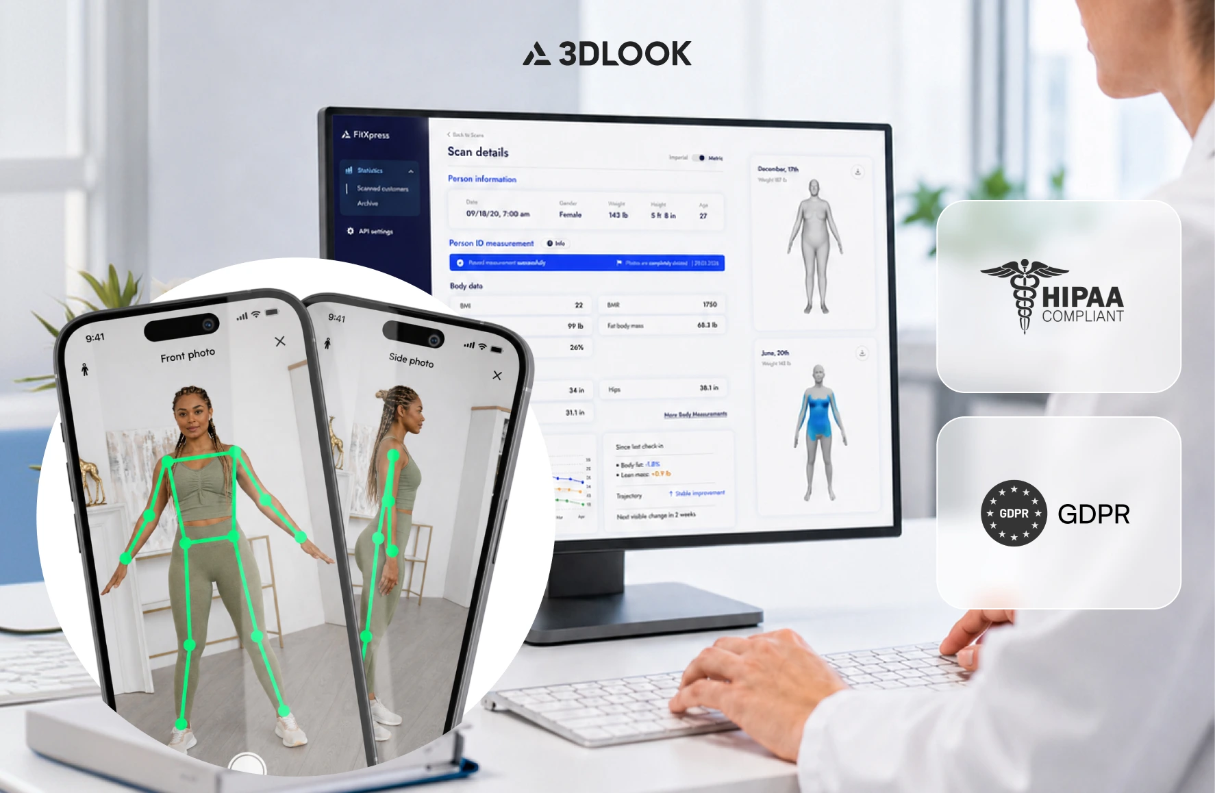 Person at desk using 3DLOOK software showing detailed 3D body scans and AI body data on a monitor, with two phone screens displaying a woman’s front and side photos, and HIPAA/GDPR compliance logos visible—demonstrating secure, advanced body measurement for health programs.