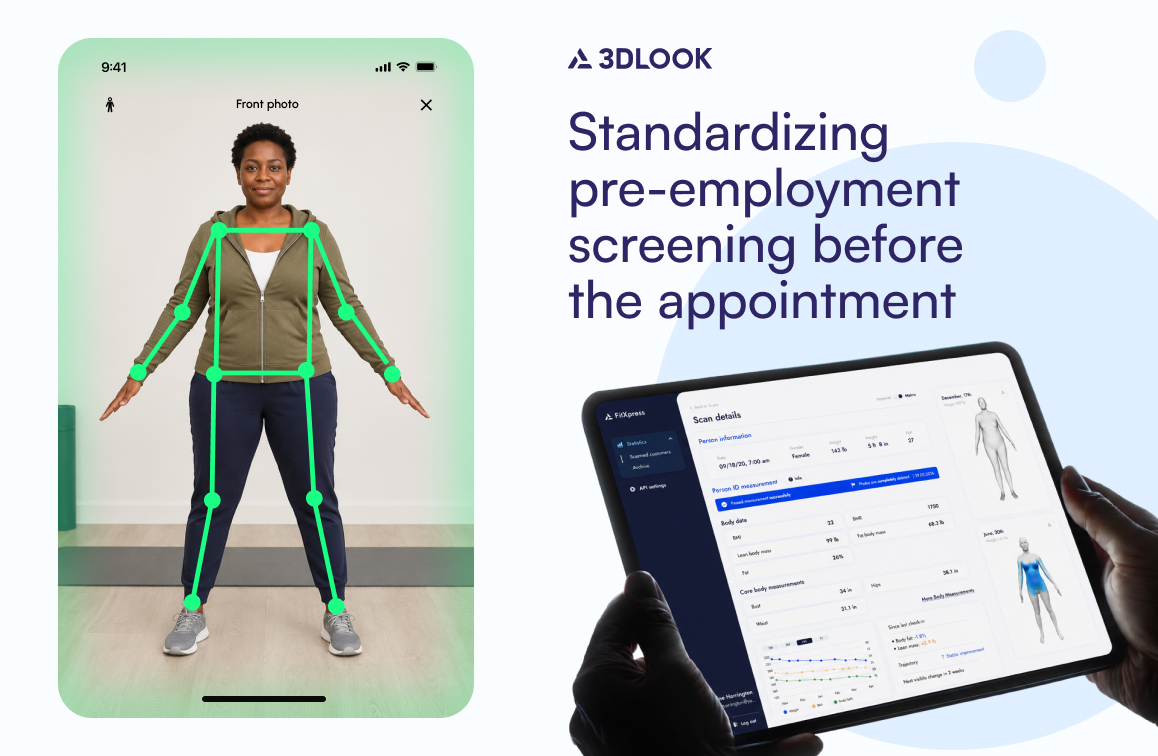 A woman stands with arms outstretched as body points are mapped; a person holds a tablet displaying scan details. Text reads, "Standardizing Occupational Health Screening for better documentation before the appointment.