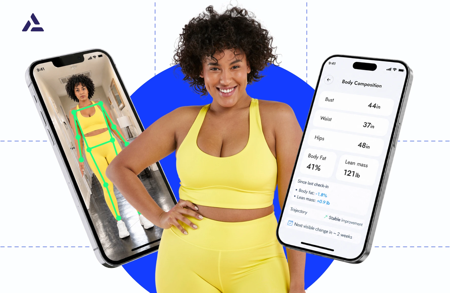 A woman in yellow activewear stands smiling between two smartphones showing body scan data and an outline image, highlighting the role of anthropometric measurements in obesity trials.