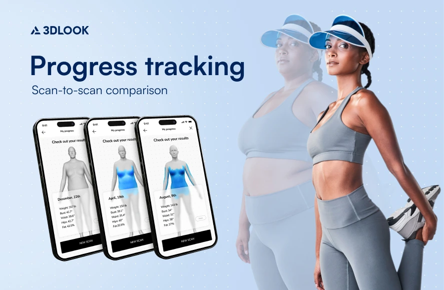 Two women in athletic wear stretch beside progress-tracking app screens showing scan-to-scan body comparisons, highlighting how AI in Fitness empowers you to check body changes and measurements with precision.