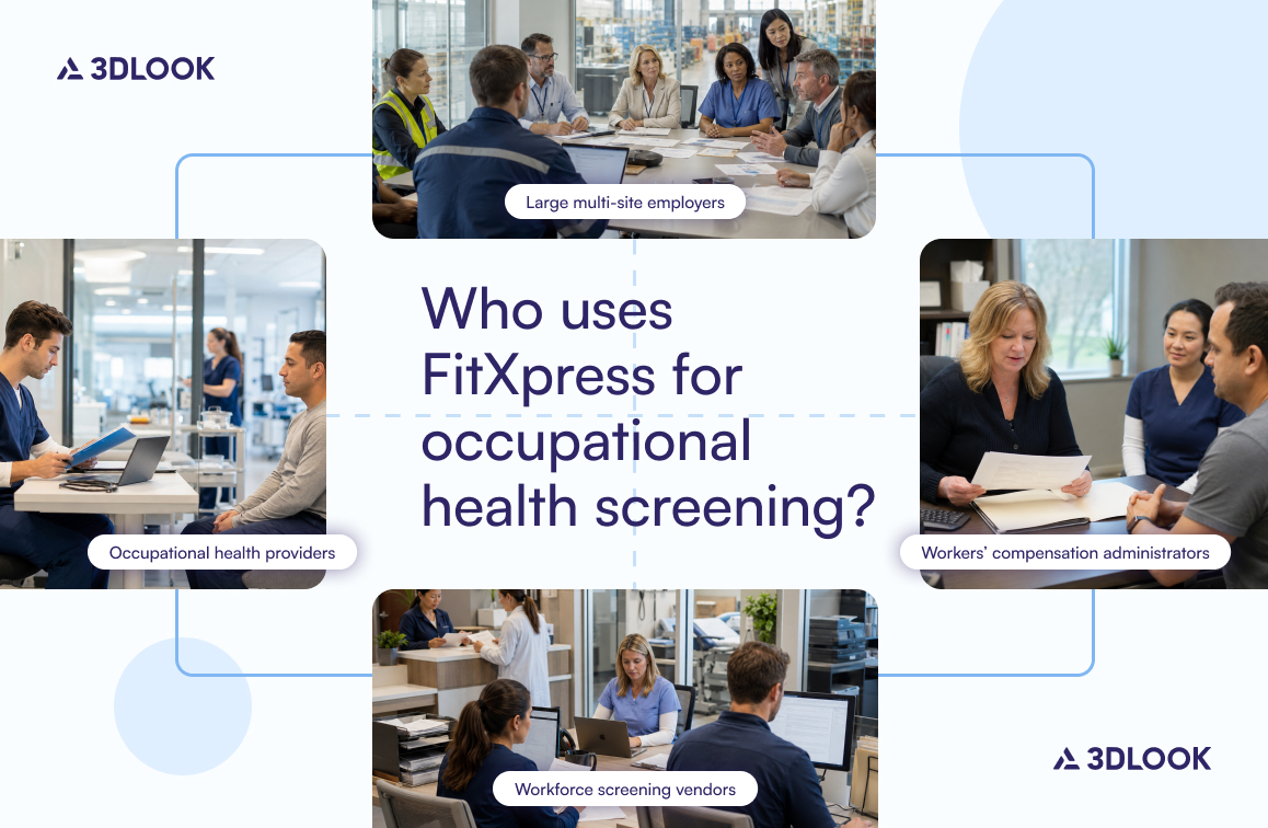 A collage showing professionals in meetings, labeled as large multi-site employers, health providers, workers’ comp administrators, and screening vendors, with the question "Who uses FitXpress for occupational health screening and faster intake?.
