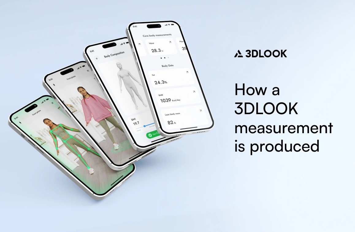 Four smartphones display 3D body scanning apps against a light background, highlighting "How a 3DLOOK measurement is produced" and the 3DLOOK logo, showcasing body scanning accuracy for informed enterprise decisions.